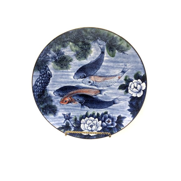 Vintage Japanese Sun Ceramics Blue White Koi Fish Porcelain Plate 12.5" Diameter - Picture 10 of 12